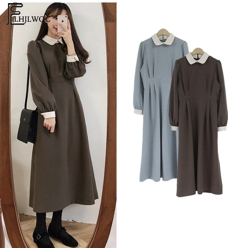 Beste Winter Basic Jurk Lange Hot Vrouwen Mode Japan Koreaanse Stijl Ontwerp Een Lijn Patchwork Witte Peter Pan Kraag Vintage Jurk 3212