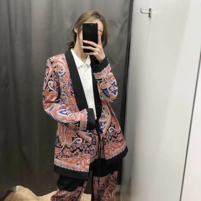 

Women Blazer Spring 2019 New Fashion Vintage Paisley Prints Pattern Sashes Belt Kimono Style Female Casual Tops