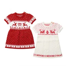 Рождественское вязаное платье; сезон зима-весна; шерстяной свитер для маленьких девочек; праздничная одежда; рождественское платье-пачка с короткими рукавами и рисунком оленя для малышей