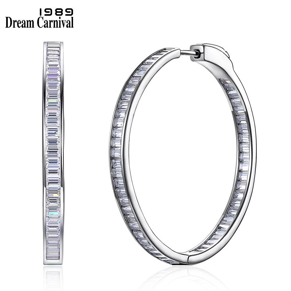 

DreamCarnival1989 Simple Fashion Style 1 Row Stone Cubic Zirconia Slim Design Silver 925 Fashion Big Thin Hoop Earrings SE21069R