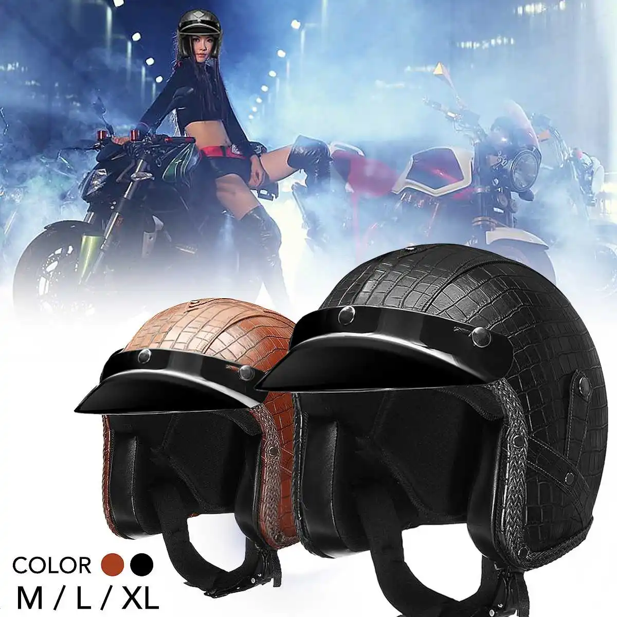 

M/L/XL Open Face PU Leather Helmet Moto Motorcycle Helmets Vintage Motorbike Headgear Casque Casco Scooter For Harley Helmet