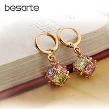 Renkli CZ altın küpe Uzun küpe kadınlar için Oorbel Longues buklet d 'oreille Kolczyki Aretes Largos Orecchini Uzun Kupe E2421(China)