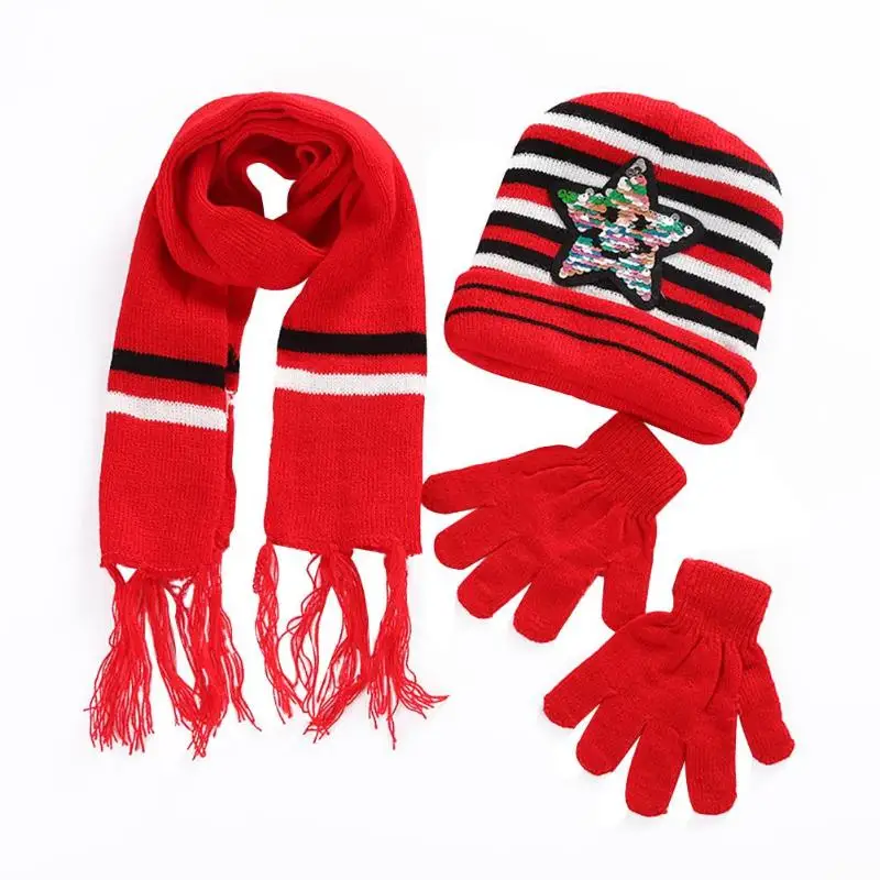 

2019 New 3pcs/set Cute Baby Boys Girls Warm Neck Hands Head Sequins Star Hat Scraf Gloves Kids Winter Suit Casual Decoration
