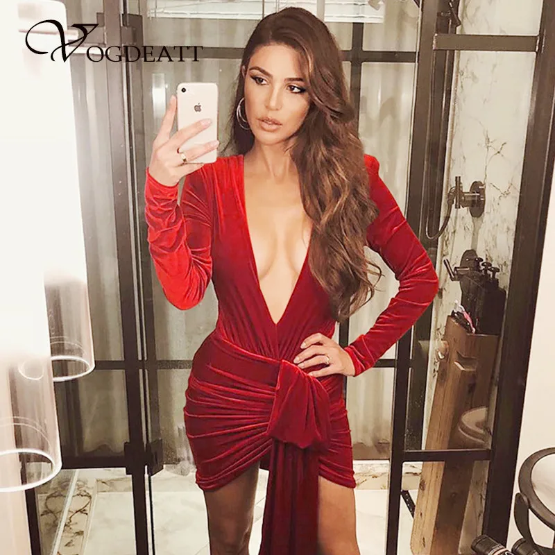 

2019 Hot Velvet Wrap Bandage Bodycon Dress Women Deep V Neck Sexy Party Dresses Elegant Mini Long Sleeve Winter Dress Vestidos