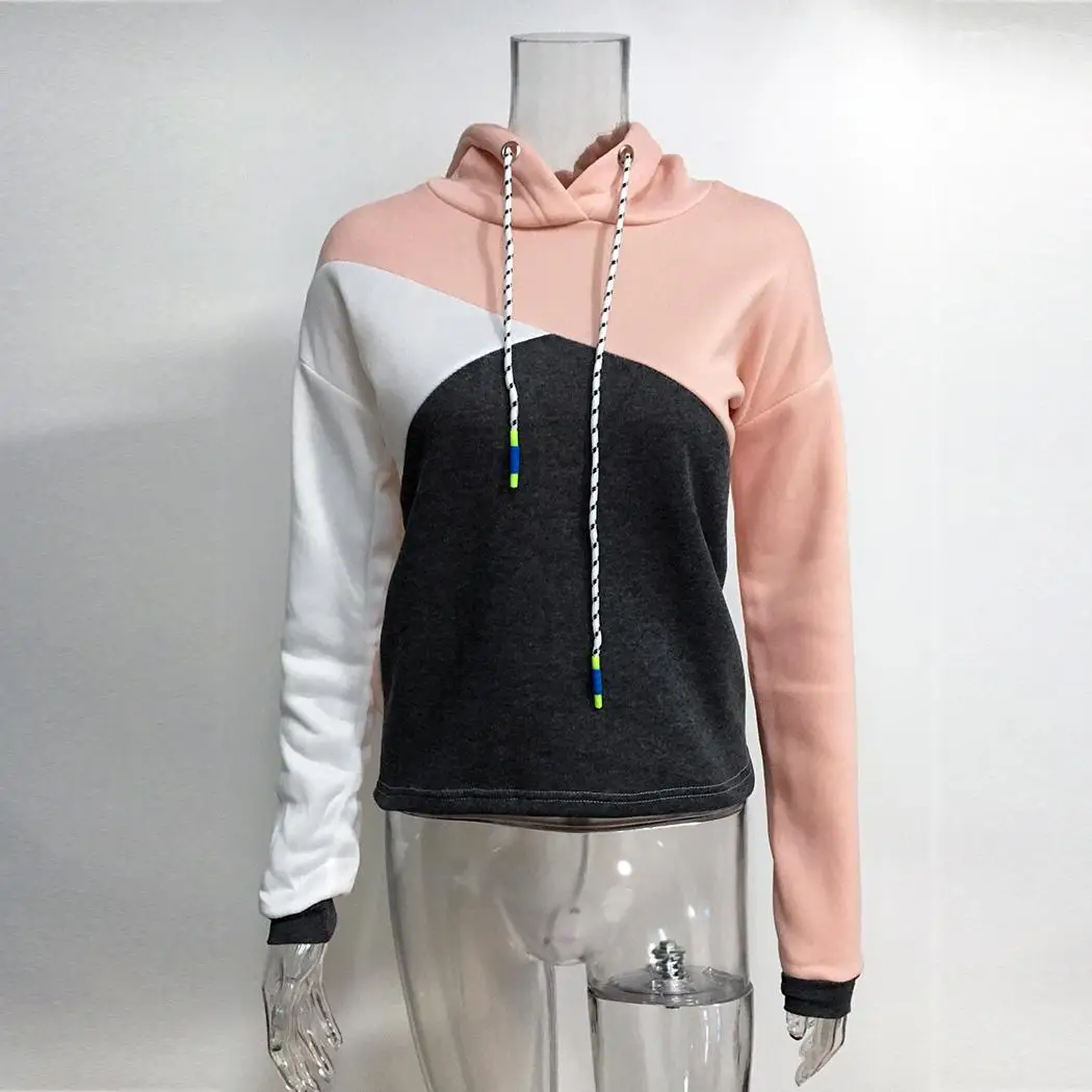 Women Fashion Hooded Long Sleeve Contrast Patchwork Color Winter Casual Regular Fleece Drawstring Hoodies | Женская одежда