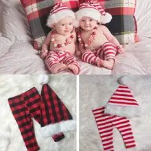 Рождественские штаны для новорожденных девочек и мальчиков Модные Полосатые клетчатые штаны шапки Санта-Клауса, 2 предмета, повседневные Хлопковые Штаны для малышей 0-24 месяцев