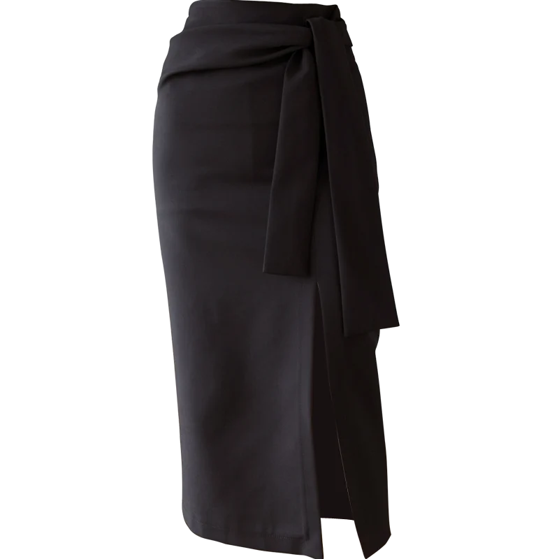 Элегантная черная юбка-карандаш с высокой талией и узлом, Женская корейская модная юбка с высокой талией, Офисная Женская длинная юбка миди