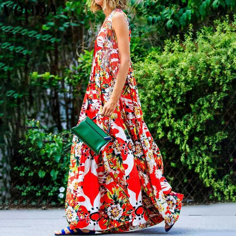 

2019 VONDA Beach Dress Summer Women Sleeveless Bohemian Dress Sexy V Neck Casual Loose Floral Print Long Vestido Plus Size S-5XL