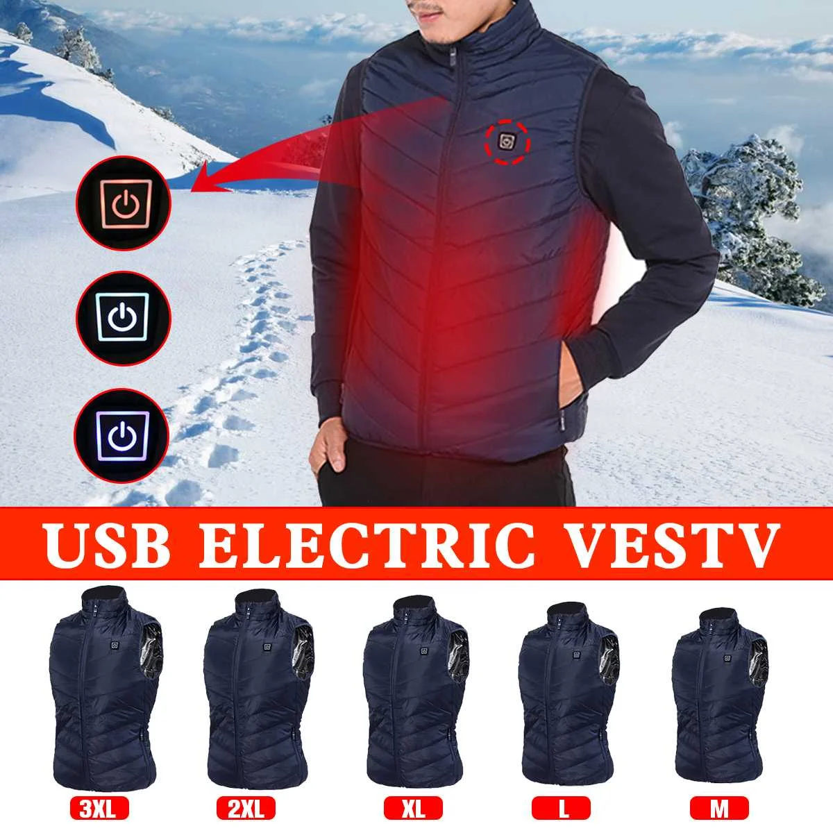 

Outdoor Cotton Coat Unisex USB Heating Electric Heated Vest Winter Keep Warm Up Jacket Riding Skiing Fishing 5 Size Dark Blue