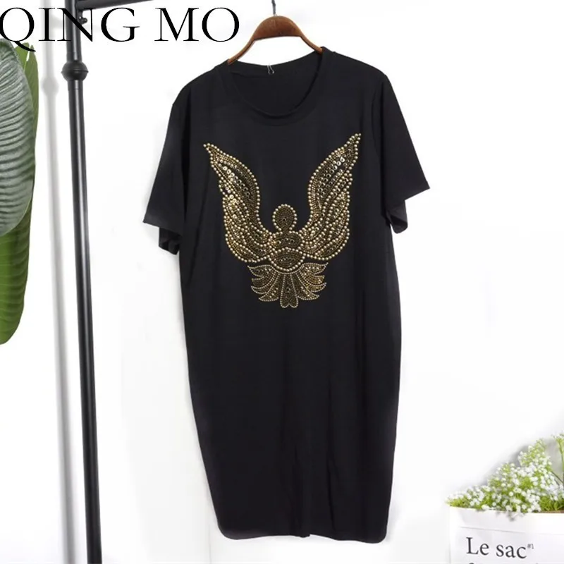 

QING MO 2018 Butterfly Tee Shirt Women Black Short Sleeve Dress Summer Slim Dress Women Plus Size T Shirt Dress with Rivet QF704