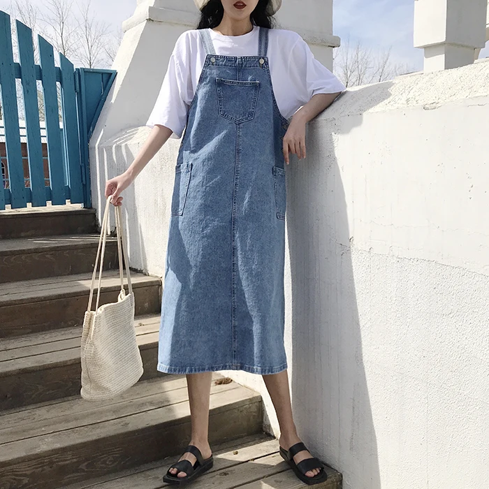 

2019 Summer Women Vintage Sleeveless Overalls Dress Denim Blue Pockets Sundress Vestido Casual Loose Solid Suspenders