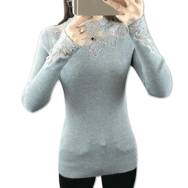 2019 Spring Women Lace Sweater High Elastic Solid O-neck Long Sleeve Sweater Women Slim Sexy Tight Bottoming Knitted Pullovers