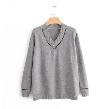 

2018 Fashion Women V-Neck Solid Stretching Sweater Patchwork Mental Rings Loose Pullovers Casual Hallow Out Knitted Tops