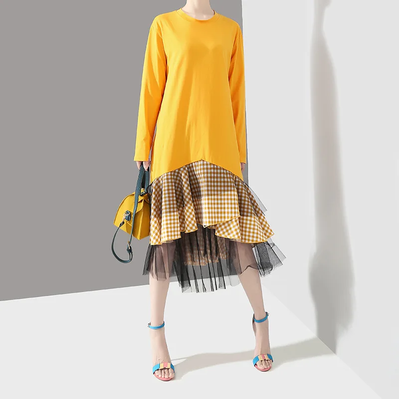 

2019 Spring New Style Korean-Style Women Dress Panel Plaid Mesh Trumpet / Mermaid fashionable streetwear long clothes full dress