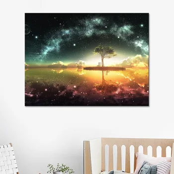 

Canvas Painting Home Wall Art Decor 1 Piece Green Tree In Lake Galaxy Starry Sky Pictures Abstract Poster Shipped 24 Hour