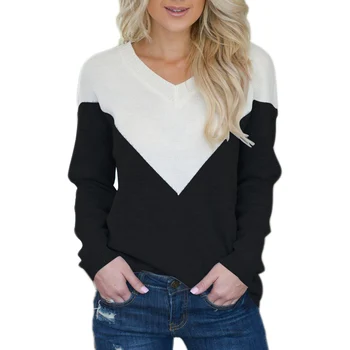 

Women Patchwork Sweater Casual Long Sleeve V-Neck Knitted Top Pullover Loose Jumper Winter Color Contrast Colo