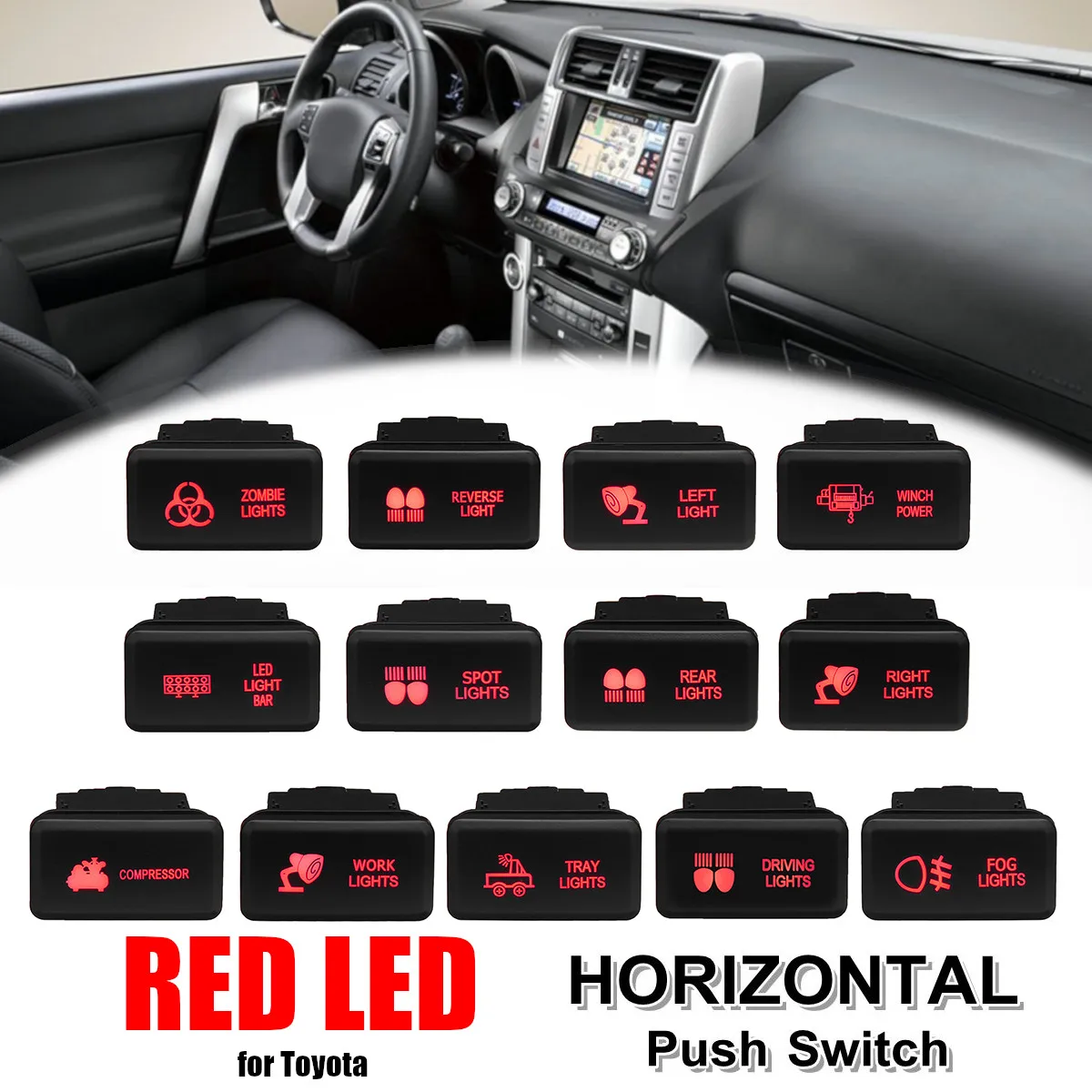 

12V Red LED Push Switch 5 Pin On Off Button Laser w/Connector Wire For Toyota Prado HiAce Hilux Landcruiser 1998 - 2013
