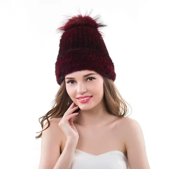 

Women's Winter Knitted Hats Mink Fur Hats With Silver Fox Fur Pompoms Genuine Mink Fur Beanies Hat