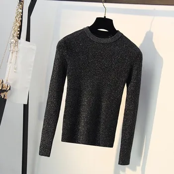 

2019 Women O-Neck Knitted Tops 2019 New Spring Solid Shiny Long Sleeve Pullover Sweater Femme Slim Jumper