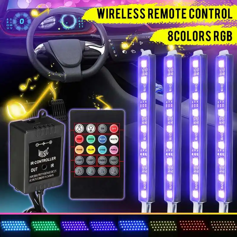 

4 Colors in 1 RGB LED Car Modified Decoration Lights Interior Atmosphere Glow Sticker Strip Lights with Voice Remote Control