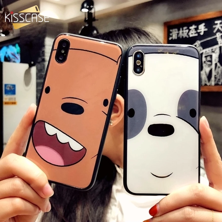 KISSCASE Cute Pattern Tempered Glass Case For iPhone 7 Plus Cases 6 6S 8 Bears Cover X 8Plus |