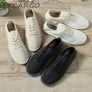 

EXCARGO White Men Shoes Hemp Fishman Laofers 2019 Spring Summer New Men Fashion Shoes Casual Liene Sneakers Black Slip On Shoe