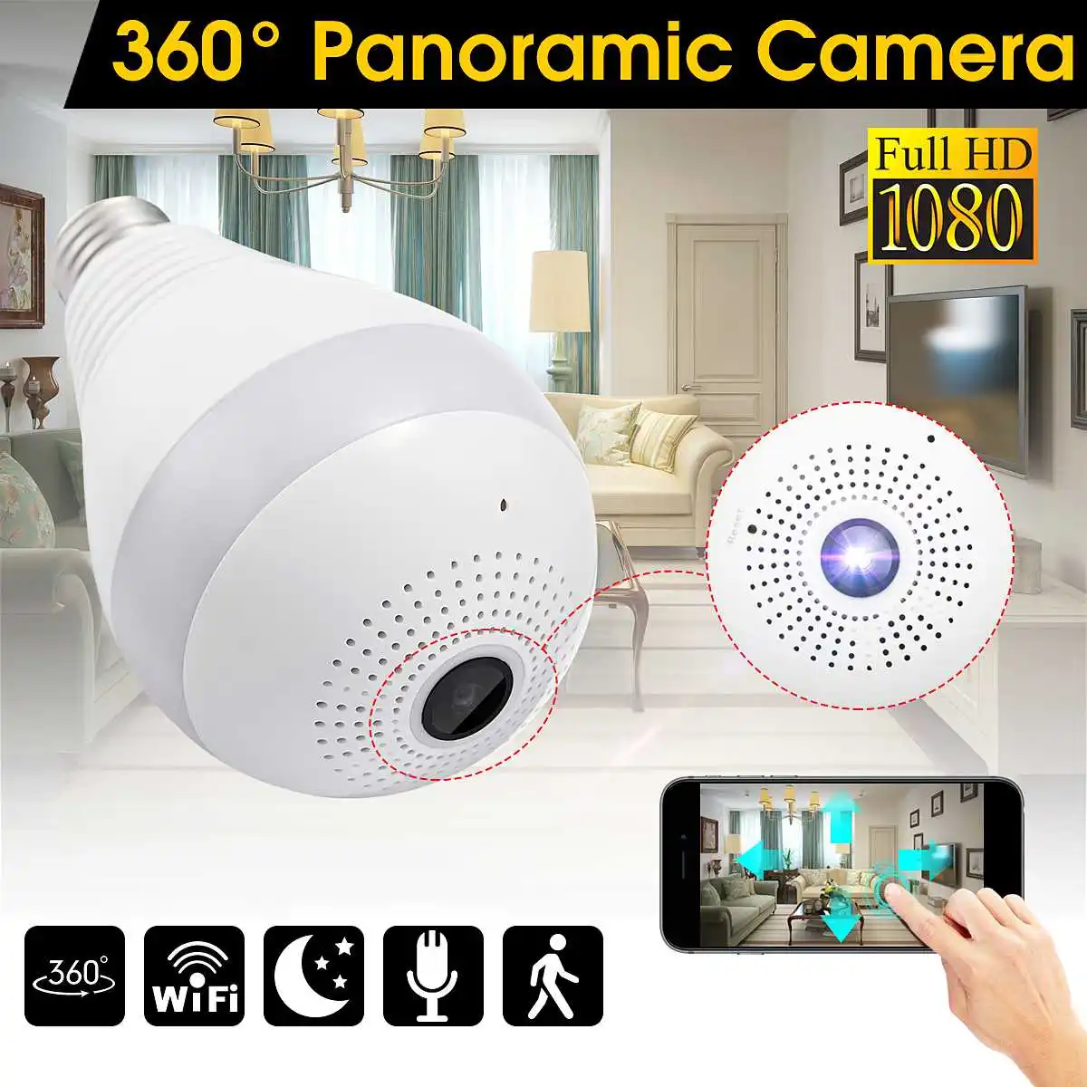 

360 Degree Wireless IP Light Camera 1080P E27 Bulb Lamp Panoramic FishEye Smart Home Monitor Alarm CCTV WiFi Security Camera