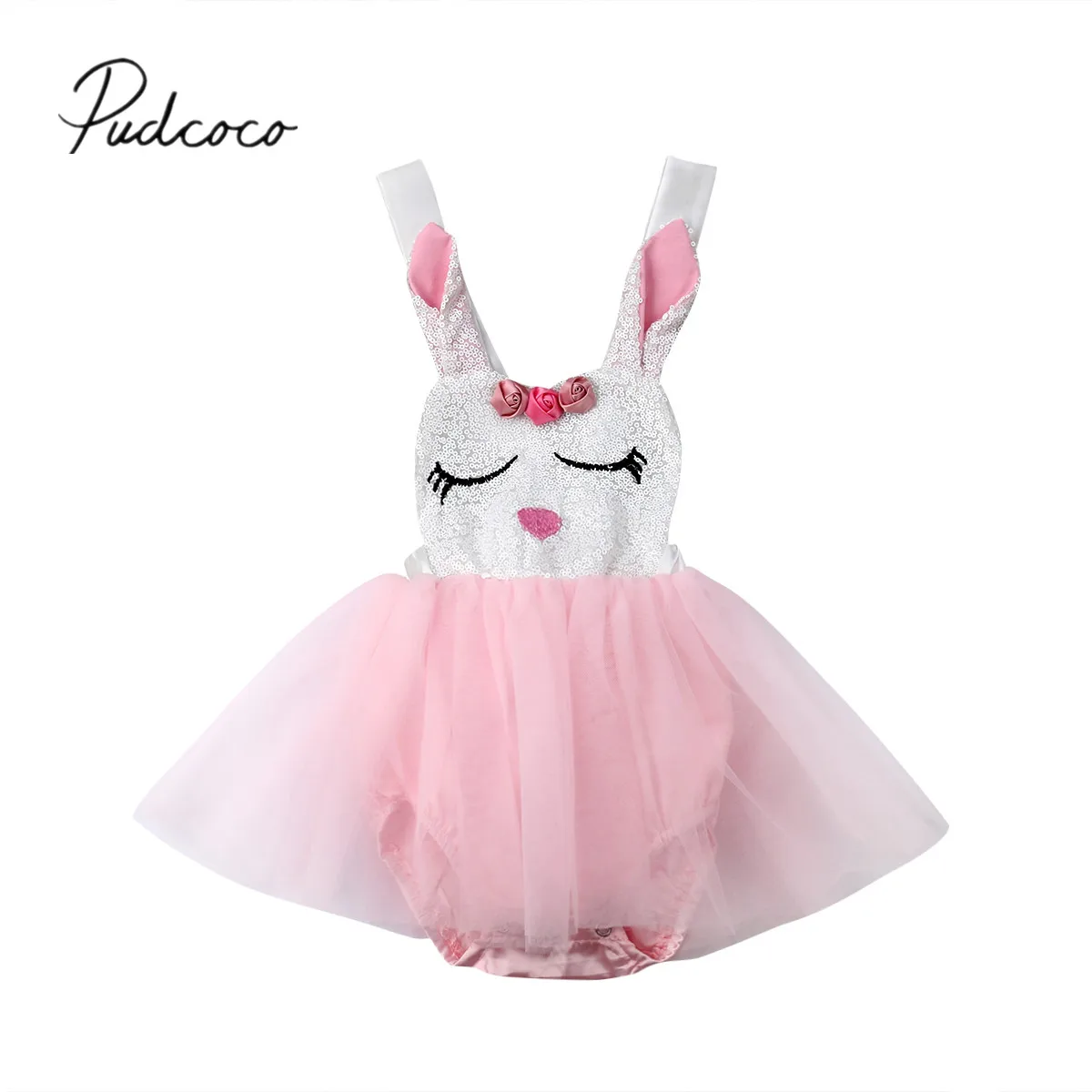 

2019 Brand New Infant Kids Baby Girls Easter Romper Dress Sequin Rabbit Print Lace Patchwork Sleeveless Jumpsuits Bunny Dress