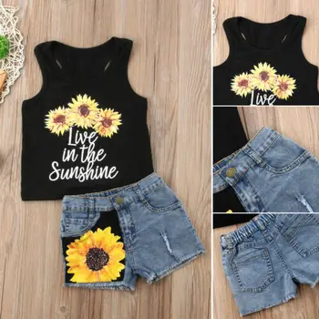 

Baby Girl Kids Summer Outfits Clothes T-shirt Tops+Denim Shorts Pants 2PCS Set