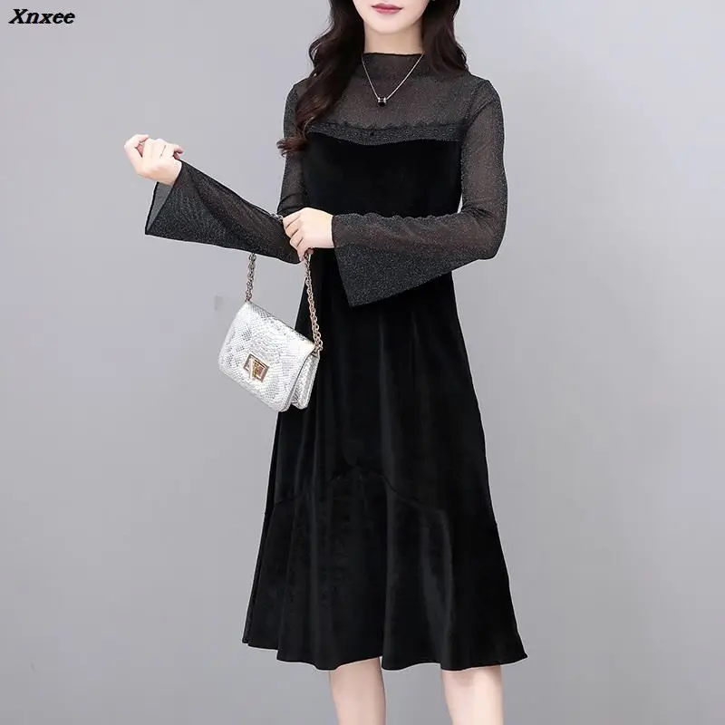 

Autumn Women Velvet Dresses Casual Elegant Long Sleeve High Waist A Line Dress Ladies Turtleneck Vintage Black Vestidos Xnxee
