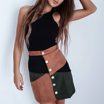 

fashion women girls new patchwork suede skirts female high waist single breasted A-line short mini skirt clubwear