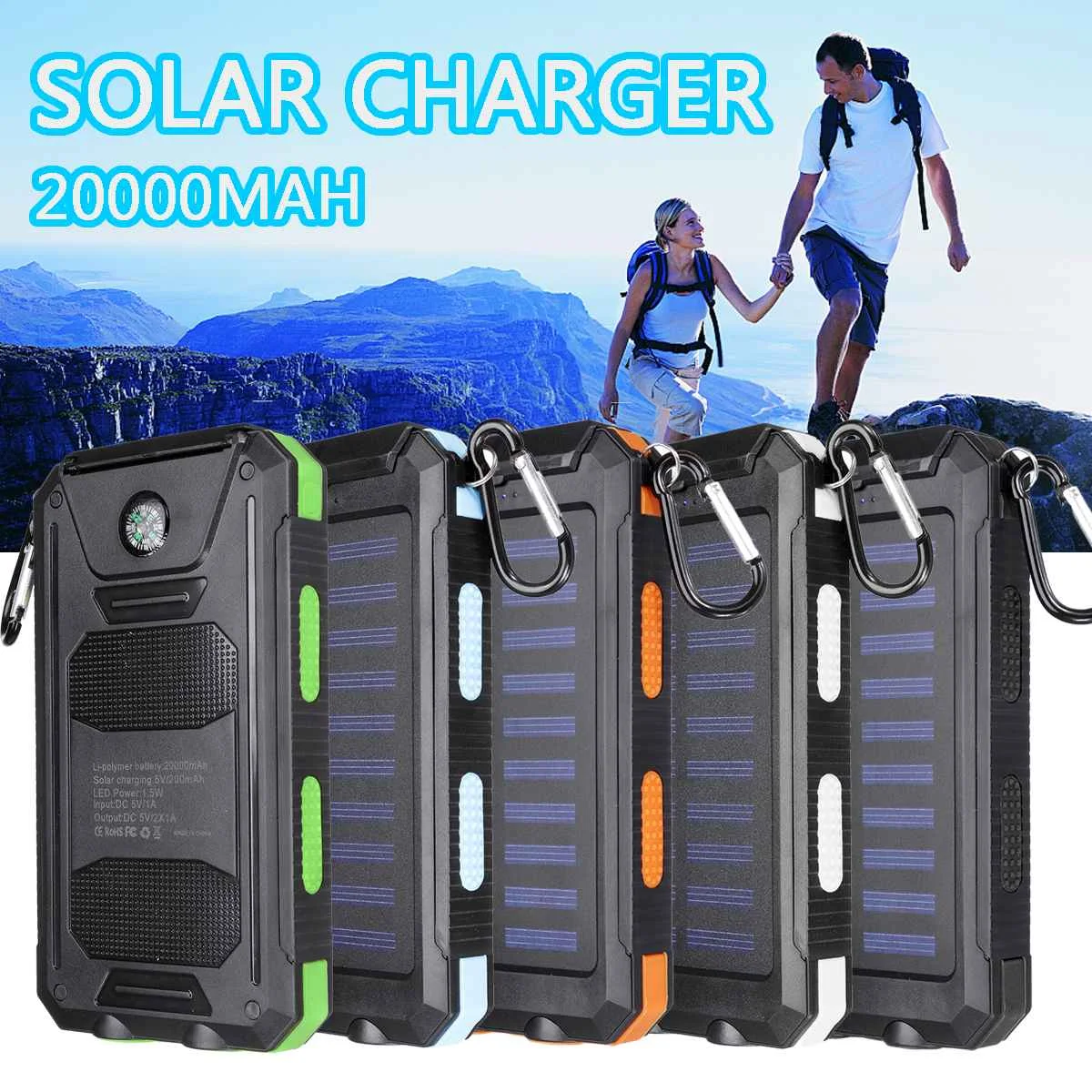 

20000mAh Portable Solar Power Bank Charging Cell Phone Solar Charger with Dual USB Charging Ports LED Light Carabiner Compasses