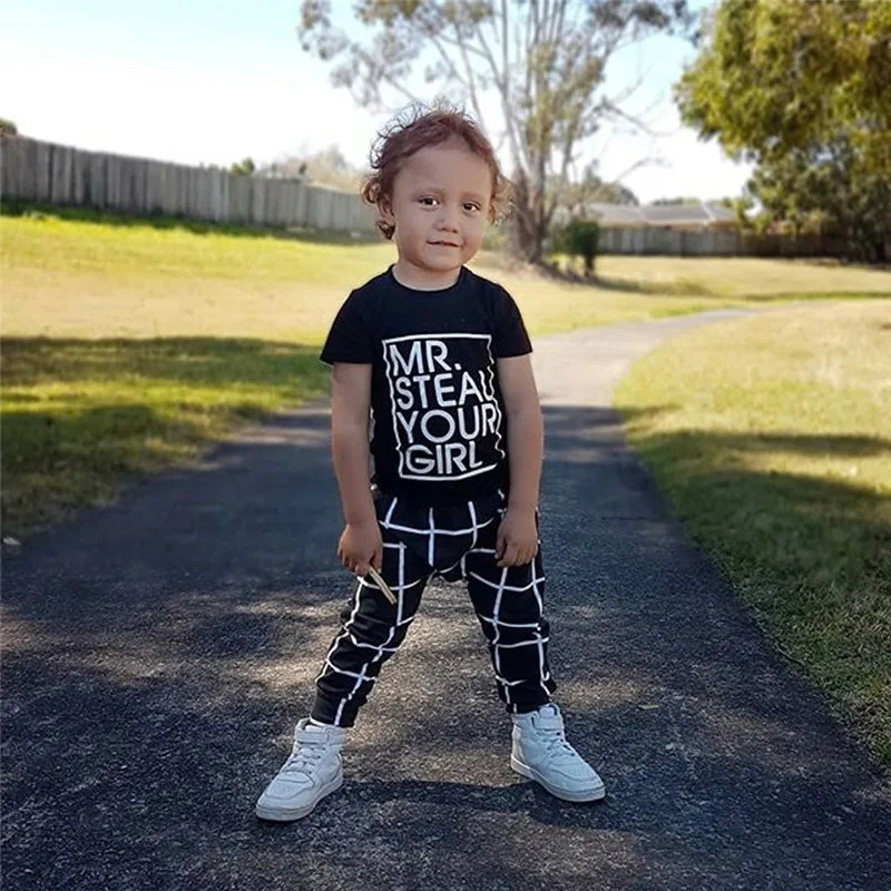 

2PCS Toddler Baby Kids Boys Suits Letter Short Sleeve Tops+Long Pants Clothes Cute Casual Printed Outfits Set