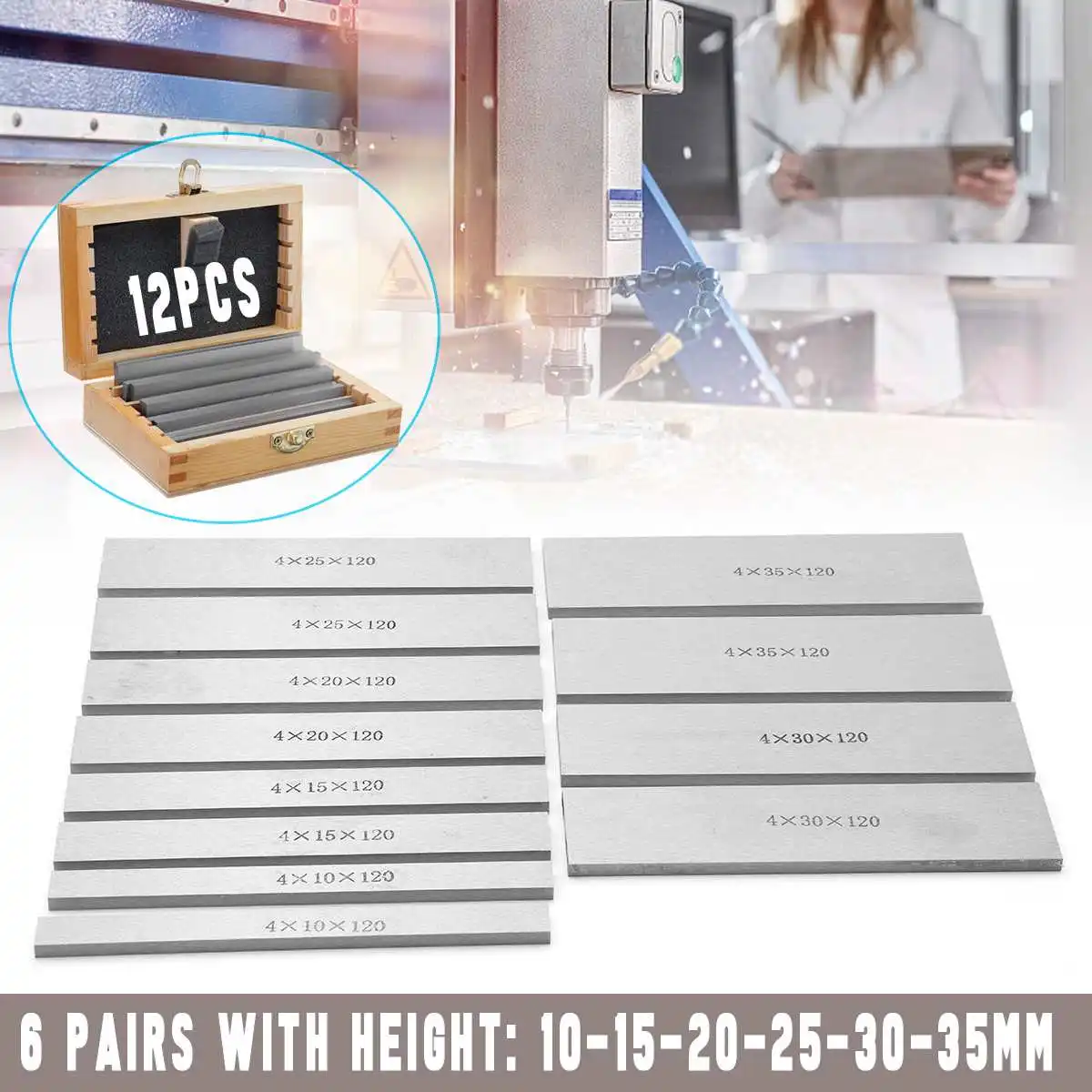 

6 Pairs 12Pcs Parallel Pad Gauge Block CNC Milling Pads Set 120mm x (10-35mm) Alloy steel Ideal for Vice Milling Machine Lathe