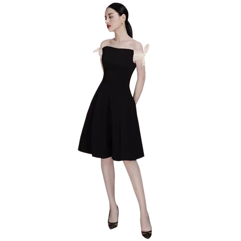 

white knotted bow off shoulder black dress open back knee length a-line summer women's dresses korean style dress free shipping