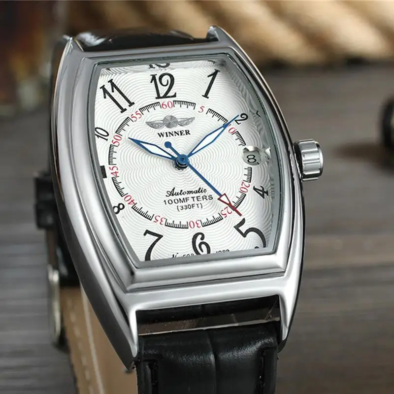 

Winner Watch Fashion Rectangle Black Watch Men's Skeleton Clock Top Brand Luxury relogio masculino Unique Blue Hands Design