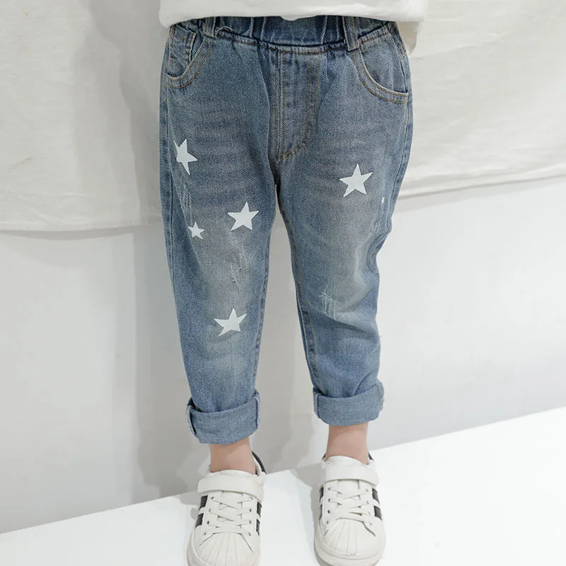 

2018 Autumn New Boy Casual Pentagram Pants Kids Jeans Printing Middle Waist Soild Cowboy Trousers