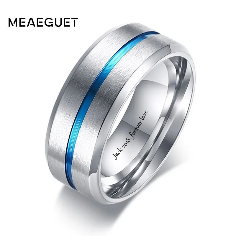 Personalized Name Text Men's Ring Stainless Steel Blue Groove Wedding Engagement Brands Custom Lovers' Gifts