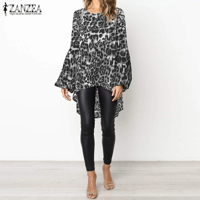

2019 ZANZEA Women Sexy Leopard Printed Blouse Casual Lantern Sleeve Irrugular Hem Shirt Loose Work Blusas Summer Tunic Top 5XL