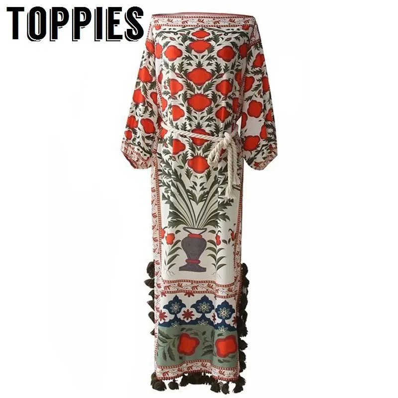 

2019 Vintage Printing Folk Tassels Dress Nation Wind Spring Summer Off Shoulder Long Dress Rope Waist Ladies Chic Vestidos