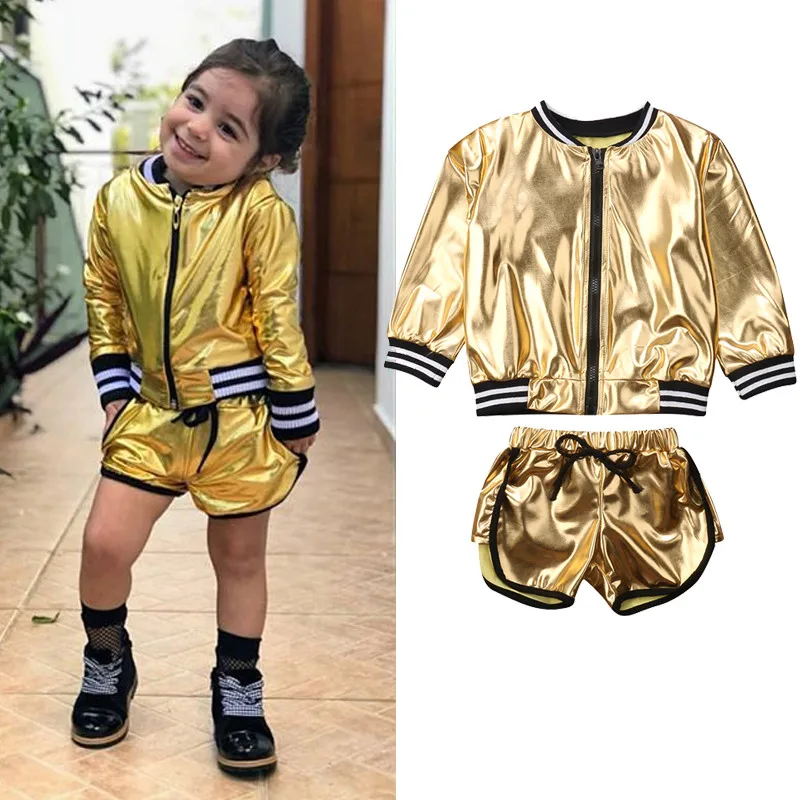 

2019 2PCS Set New Tollder Kid Baby Clothing Girls Clothes Casual Bling Jacket Tops+Shorts Toddler Clothes Outfit Wild fashion