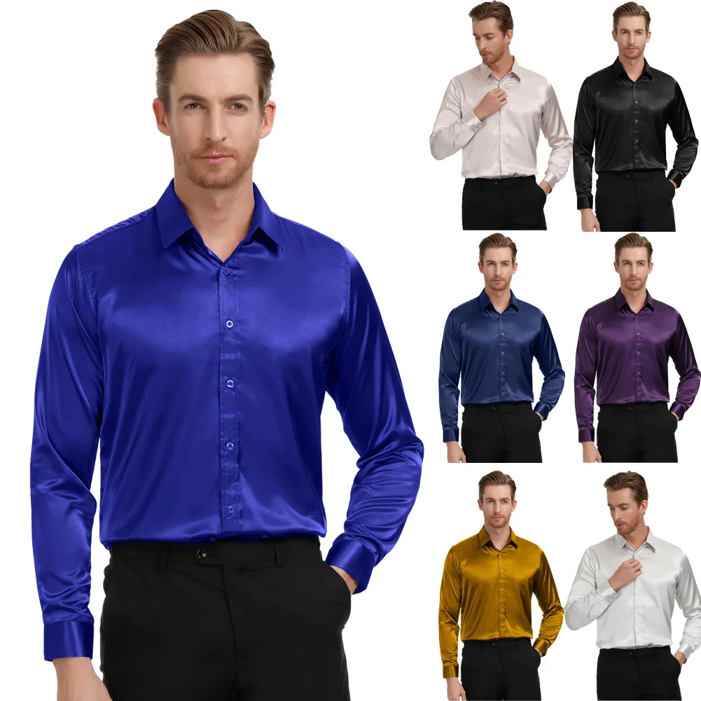 Шелкообразная атласная Мужская рубашка стильная и приталенная однотонная деловая офисная рубашка с длинным рукавом Повседневный и формальный топ из эластичного материала S~ XL