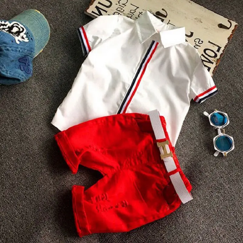 

Boys suit summer 2019 casual cotton short-sleeved shirt + shorts children's clothing without belt baby boy clothes