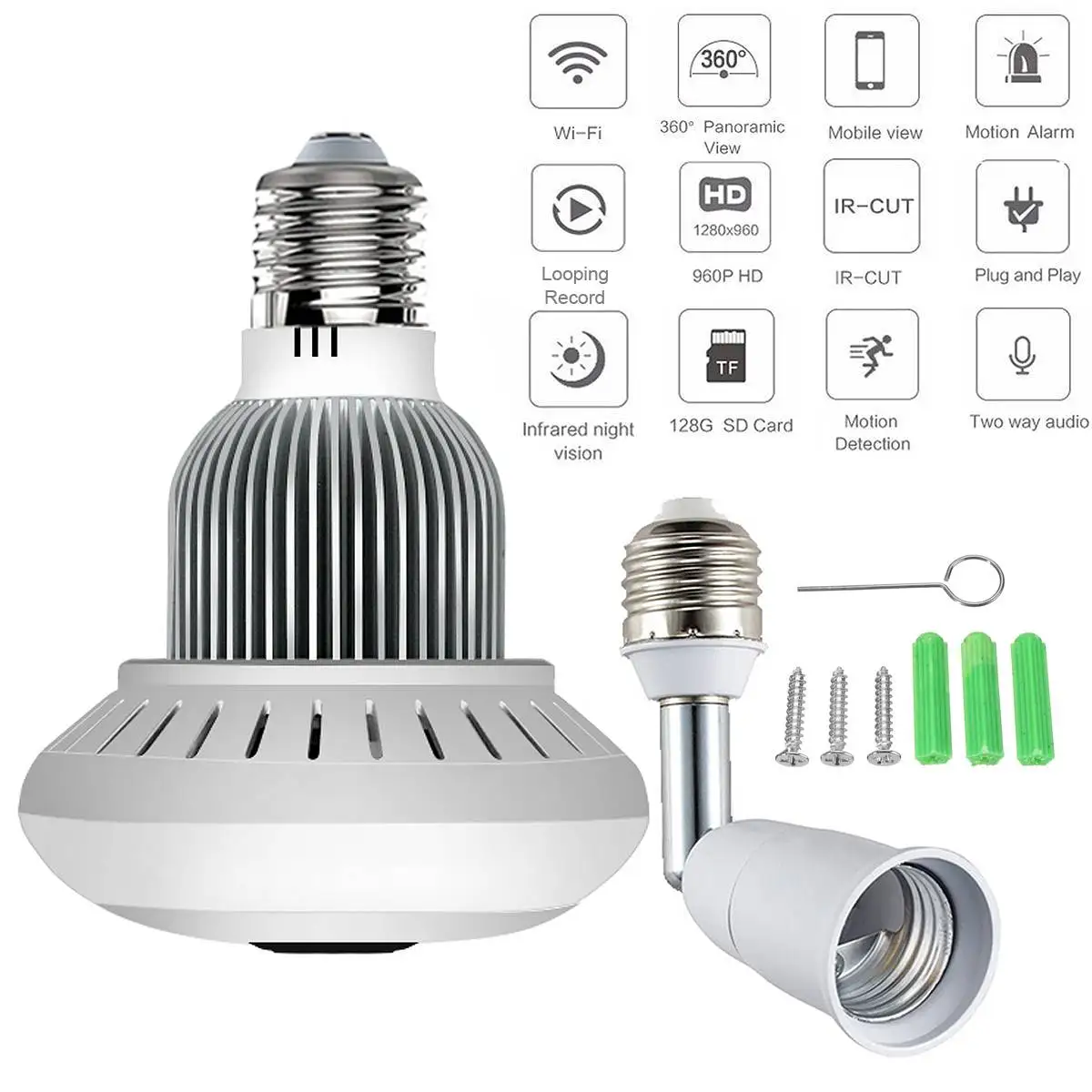 

360 WiFi Wireless Panoramic 960P Light Bulb IP Camera Lamp APP Control Home Security Bulb Camera Two Way Talk Audio