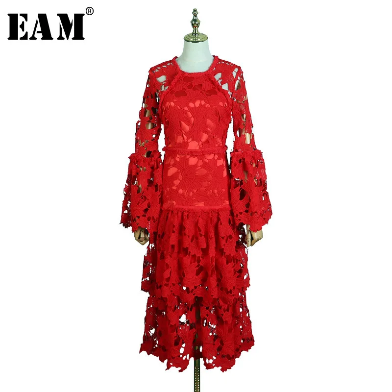 

[EAM] 2019 New Spring Summer Round Neck Long Lantern Sleeve Red Lace Split Joint Hollow Out Cake Dress Women Fashion Tide JQ127