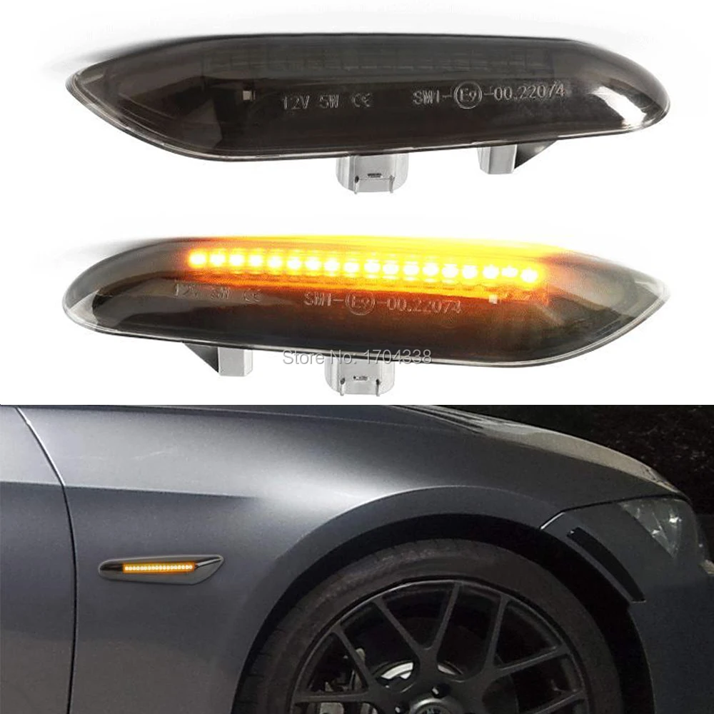 

2x Amber LED Side Marker Turn Signal Light For BMW E90 E91 E92 E93 E46 E53 X3 E83 X 1 E84 E81 E82 E87 E88 Smoke Lens Style Black