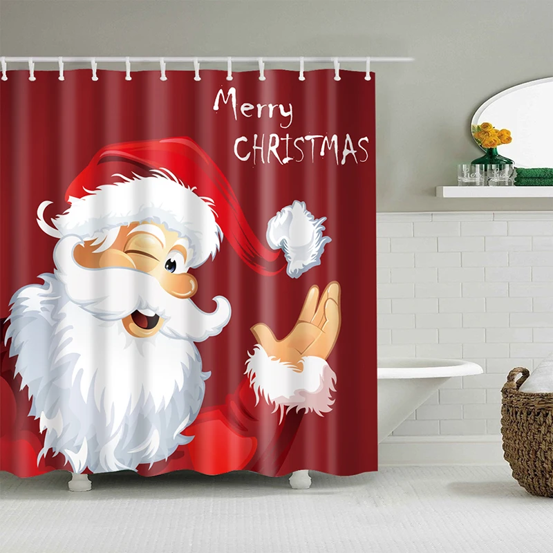 

Christmas Printing Bath Shower Curtain Bathroom Water Resistant Panel + 12 Hooks