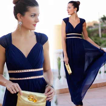

Plus Size Elegant V-Neck Long Evening Dress 2020 Cheap Chiffon Party Gowns Ruched Beading Empire Hollow Out Formal Dress