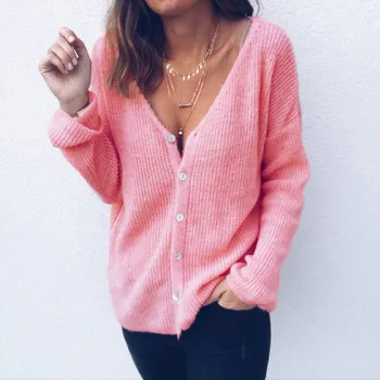 

4 Pure Colors Autumn Spring Knitwear For Women's Cardigan Top Fleece Fur Sweater Long Sleeve Sexy V-neck Sweater Winter Warm Top