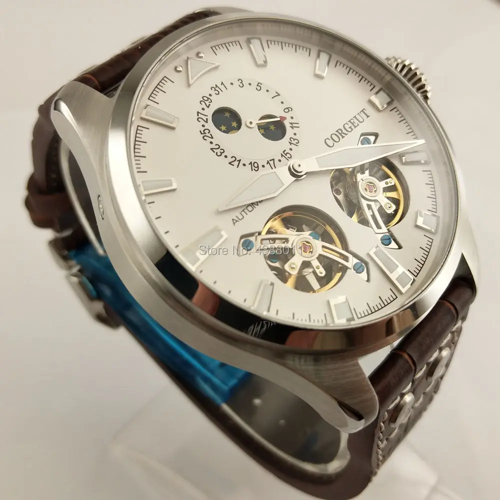 47mm Corgeut WHITE dial Date Luminous flywheel Mechanical Automatic Watch